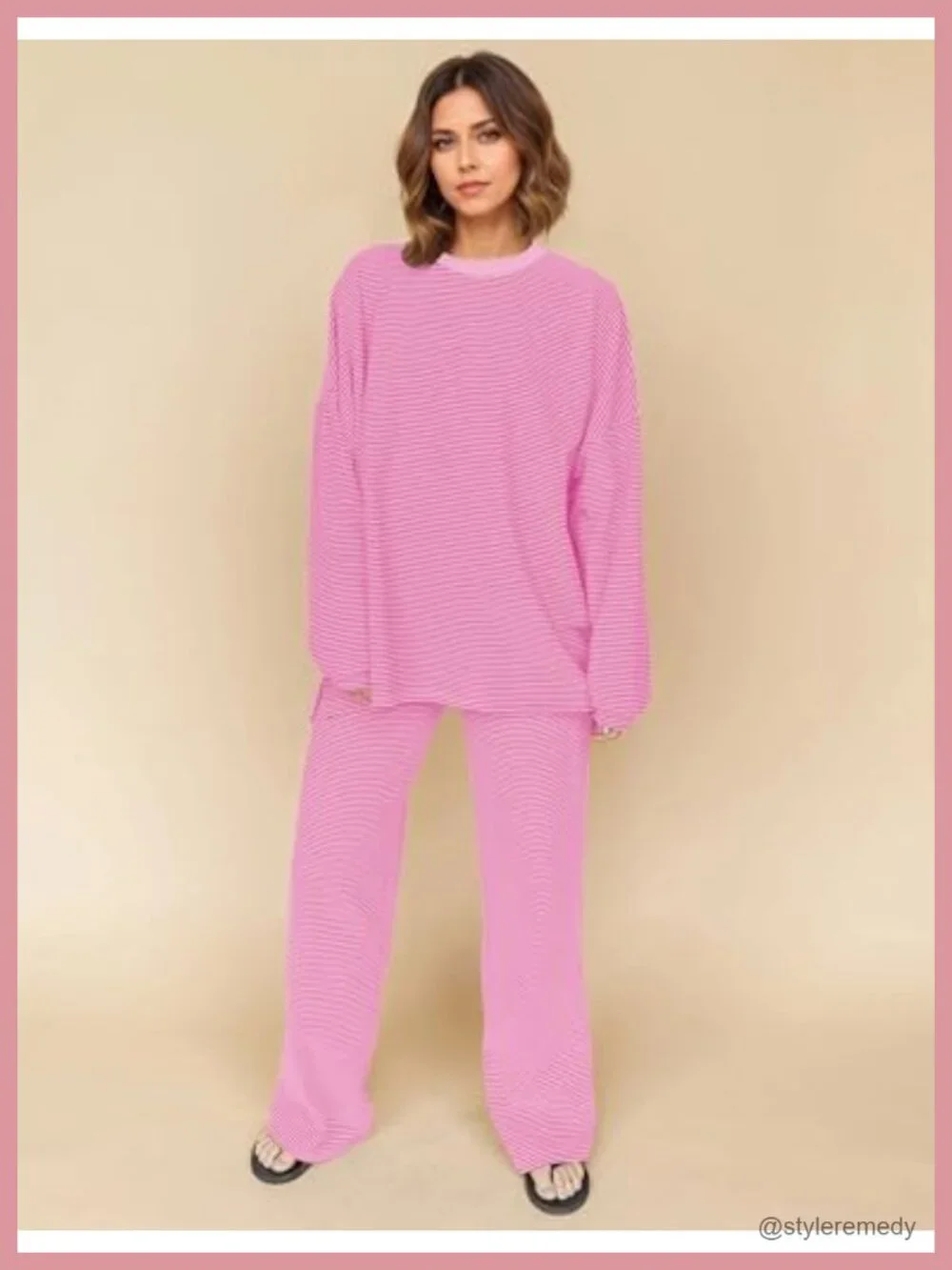 Women's 2 Piece Striped Lounge Set Long Sleeve Oversized T-Shirt Wide Leg